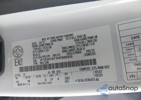 2017 Ford F150 Lariat z USA, uszkodzony, nr VIN 1FTEW1EF1HFB95252